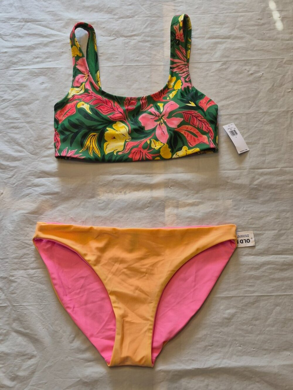 NWT S Old Navy 2 Piece Palm Print Bikini Matte Longline Top + Reversible Bottom
